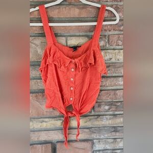 Forever 21 Orange button down crop top with ties, size L